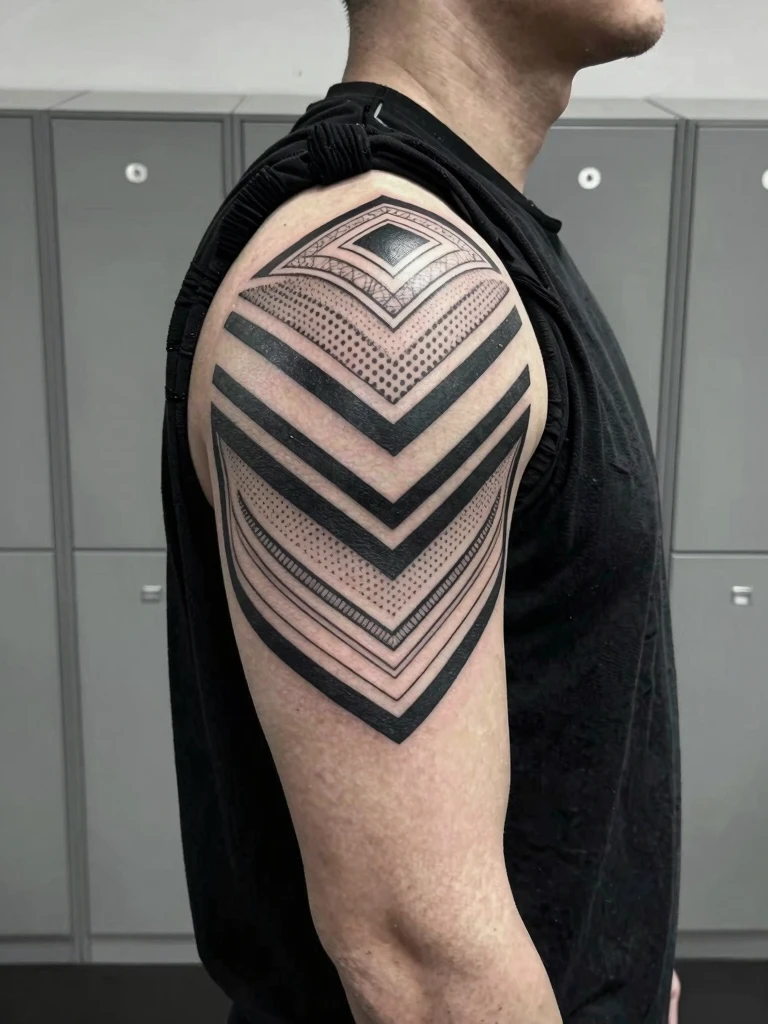 10. Geometric Armor Shoulder Tattoo Men Idea