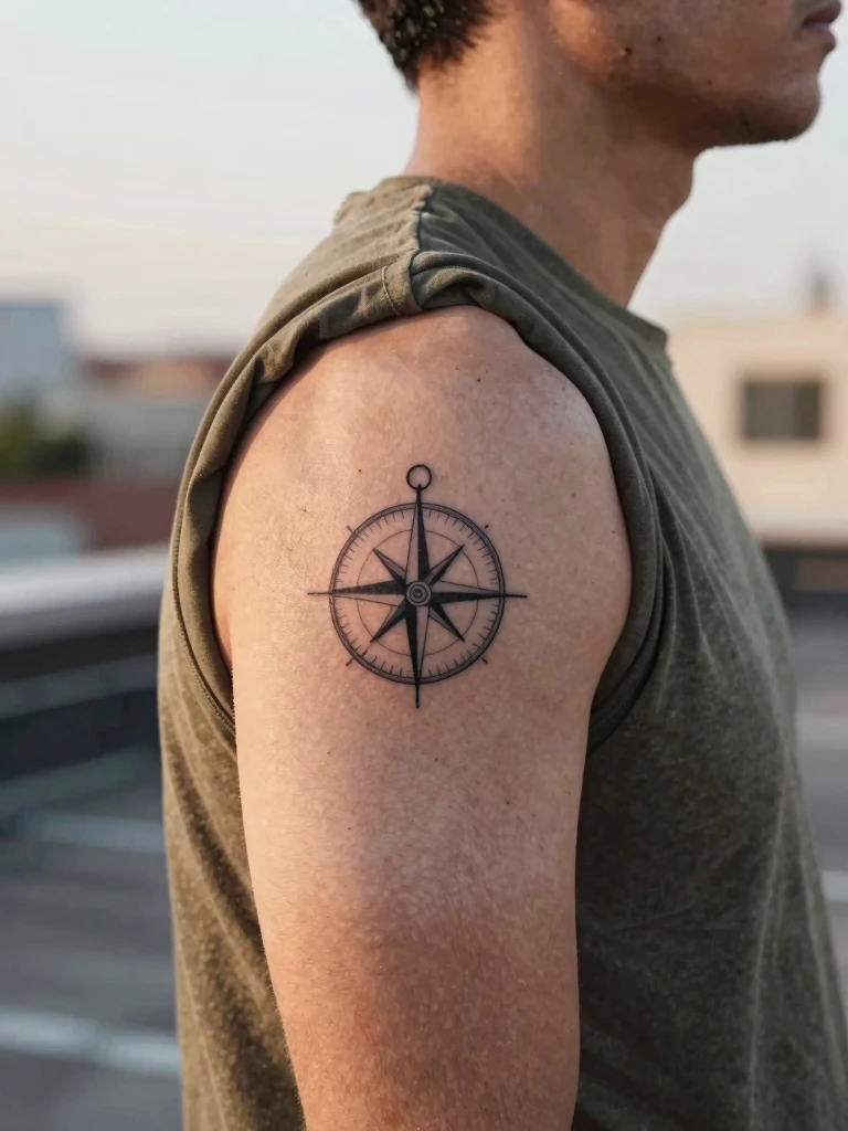 7. Shoulder Tattoos for Men Small Compass With Quiet Meaning