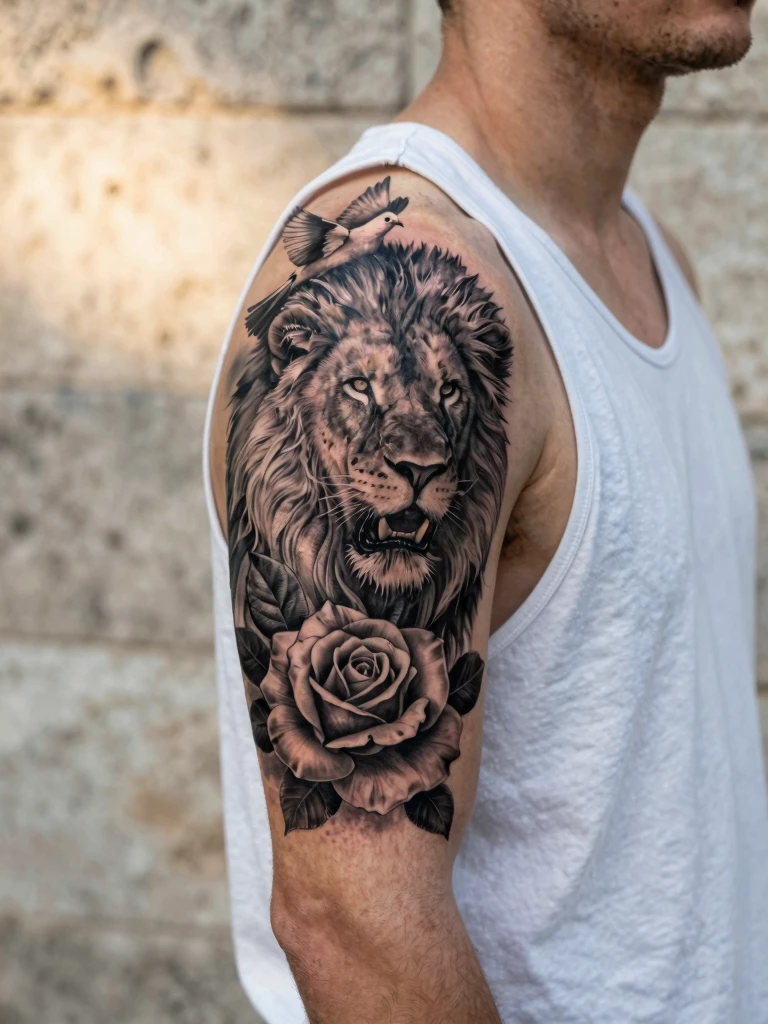 3. Realistic Lion Shoulder Tattoo Men Design With Dove And Rose