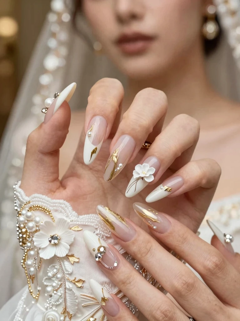 3. Wedding Nails Ideas for Bride With Gold Veins and Sculpted Blooms