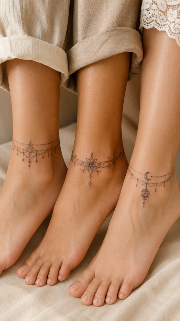 10. Ornamental Ankle Tattoo With Anklet Chain Details