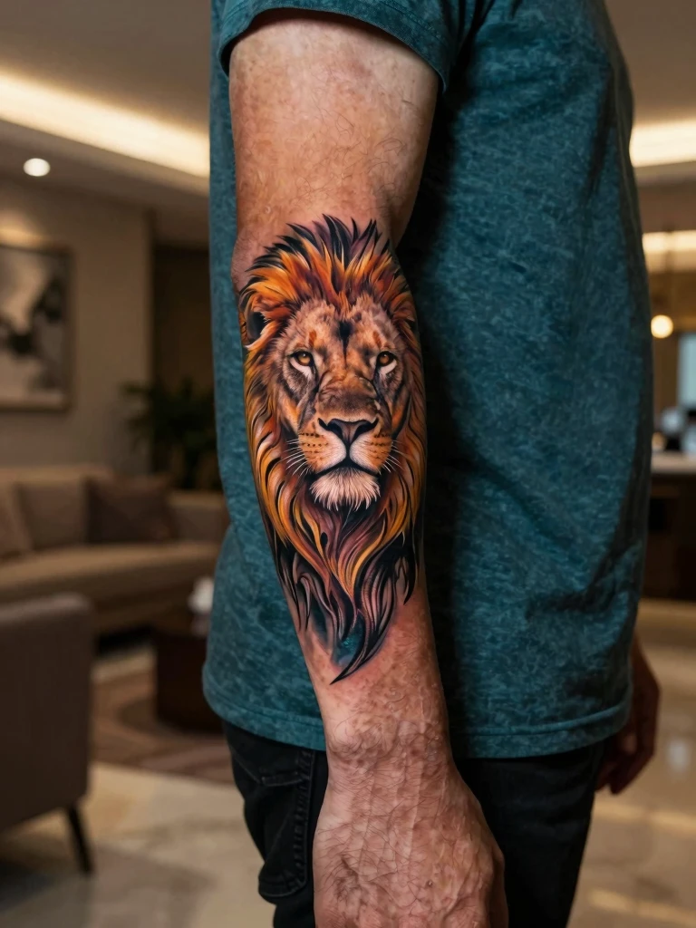 14. Realistic Color Lion Forearm Tattoo Men Portrait