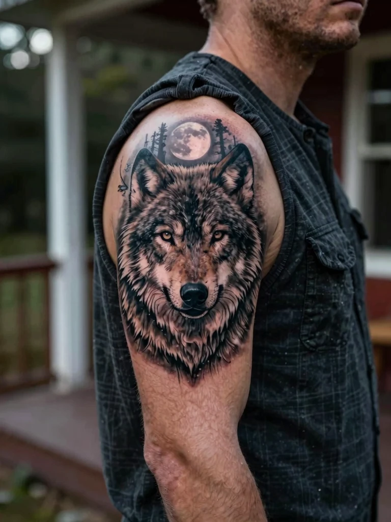 14. Wolf And Moon Shoulder Tattoo Men Design With Forest Shading