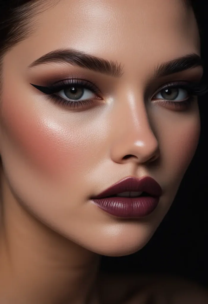 2. Winged Eyeliner With Deep Plum Lips