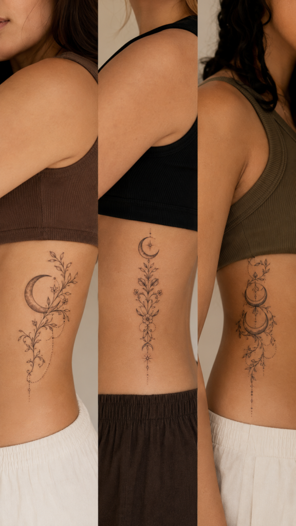 11. Ribcage Ornamental Tattoo With Moon And Vine Details