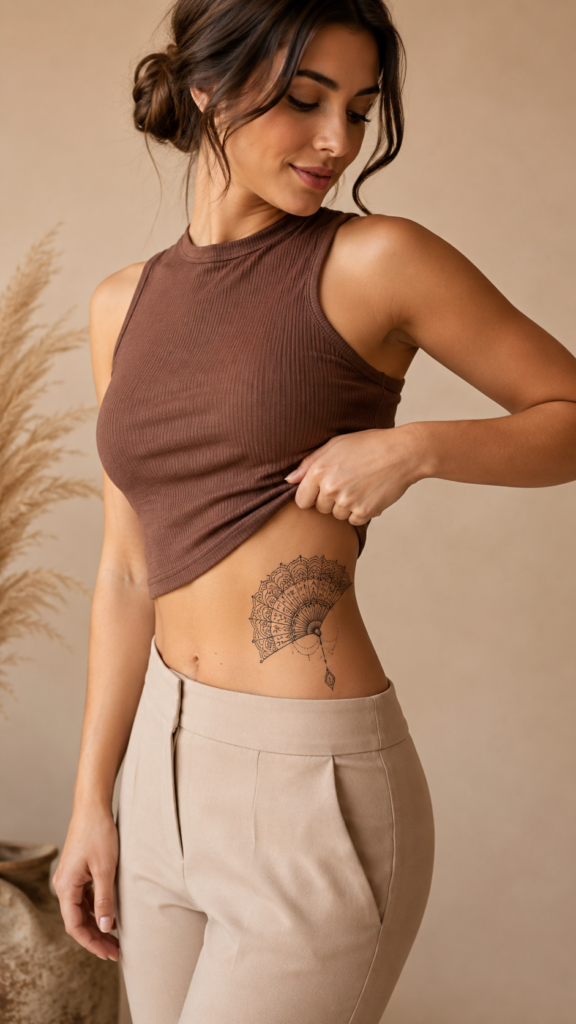 14. Hip Ornamental Tattoo With Fan-Shaped Details