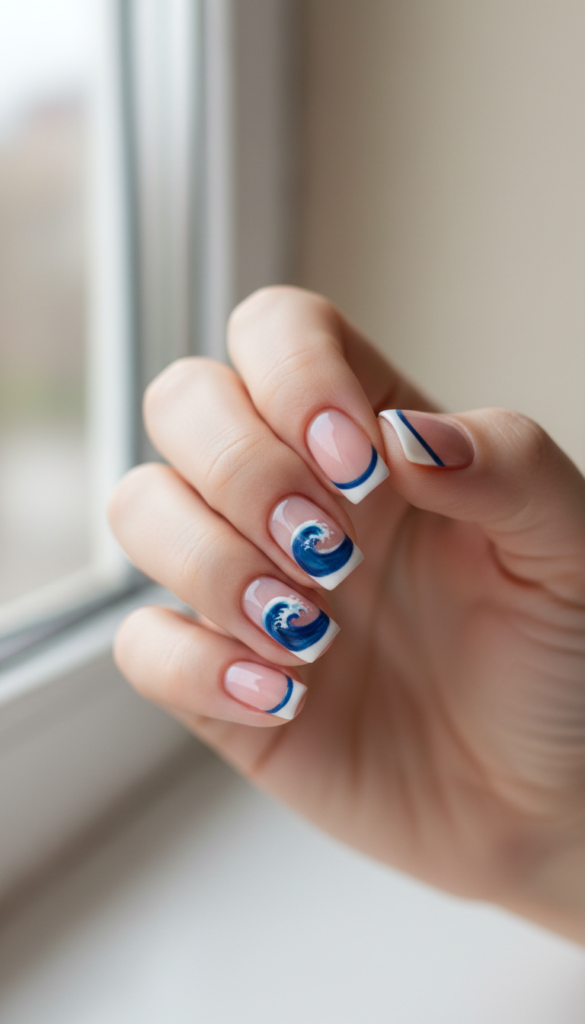 1. Classic French Tip With A Painted Wave Line