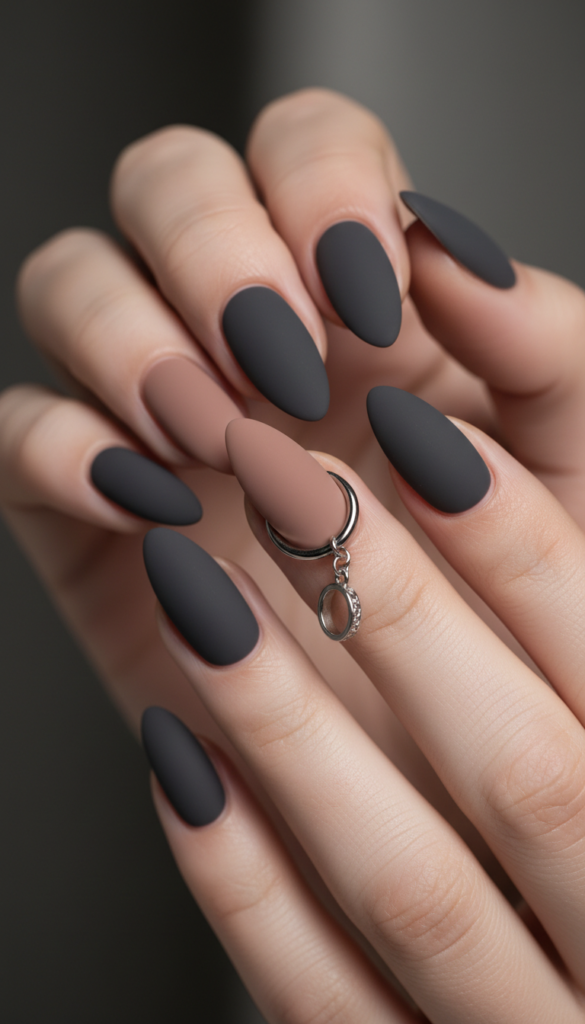 7. Matte Pierced Nails With Dark Minimal Hardware