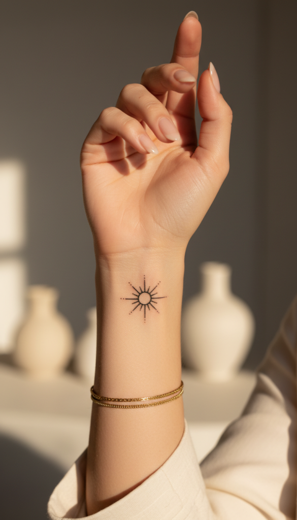 11. Tiny Sun Tattoo With Minimal Warm Energy