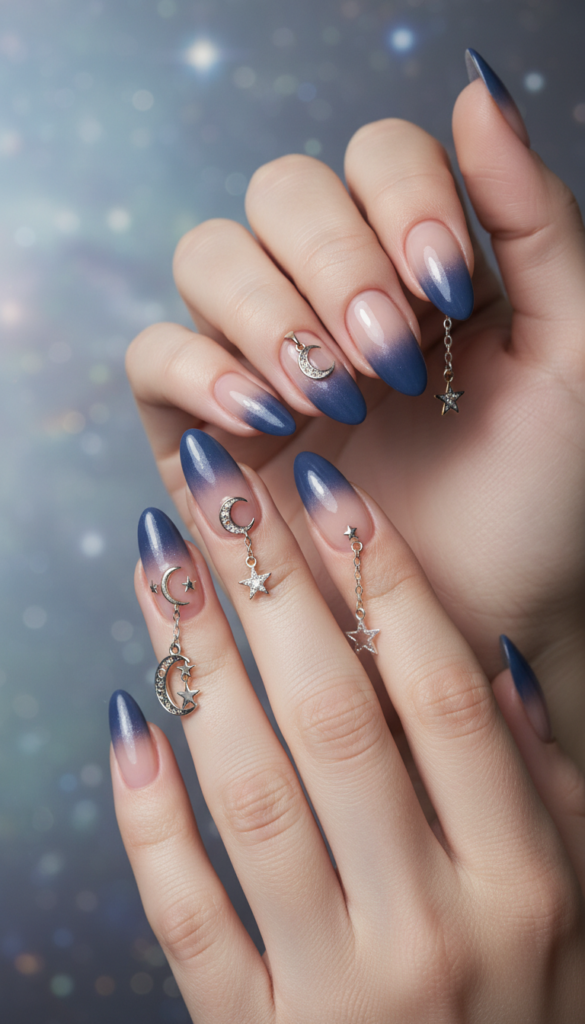 11. Celestial Pierced Nails With Moon And Star Charms