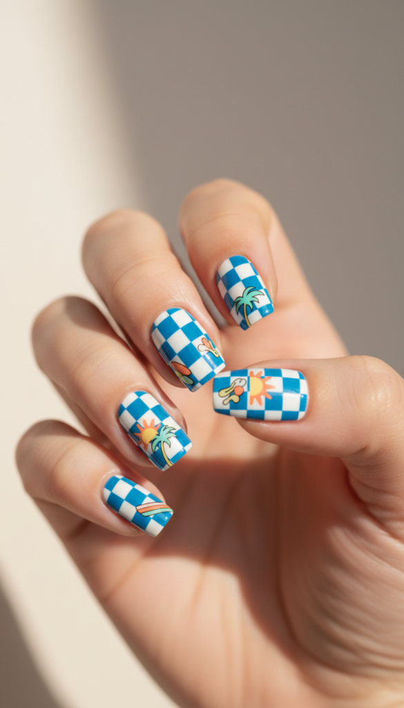 15. Blue And White Checkerboard Surf Nails