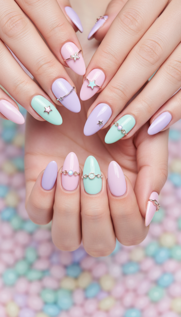 12. Pastel Pierced Nails With Soft Candy-Colored Details