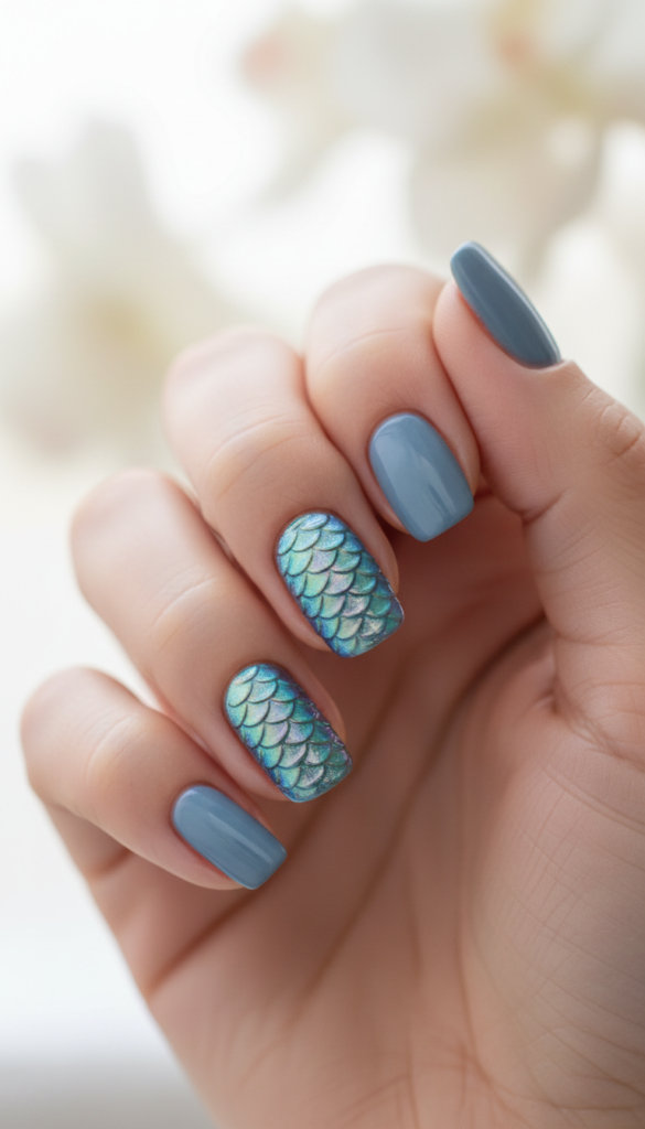 16. Iridescent Fish Scale Accent Nail