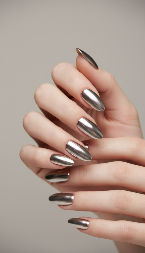 2. Chrome Glazed Almond Nails With a Reflective Finish