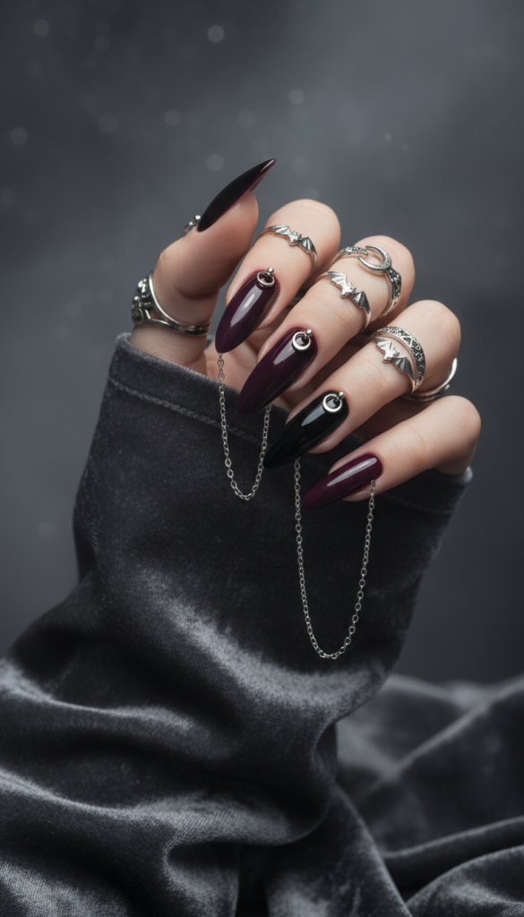 13. Gothic Pierced Nails With Chains And Layered Metal Details