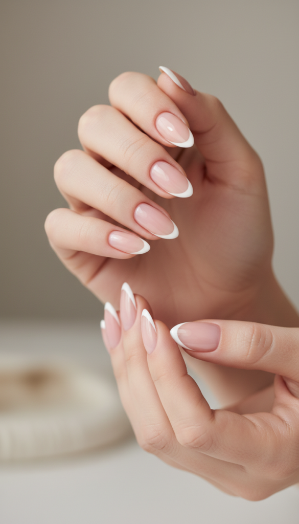 3. Soft Pink Almond Nails With Micro French Tips