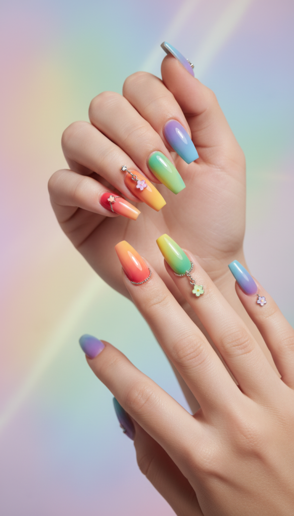 14. Rainbow Pierced Nails With Multicolor Charm Combinations