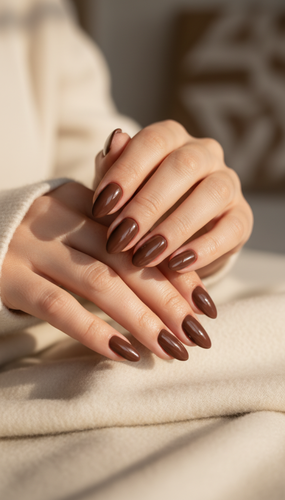 4. Chocolate Brown Almond Nails With a Glossy Finish