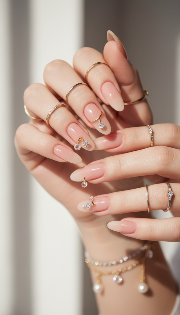 15. Crystal Pierced Nails With Reflective Jewelry Accents