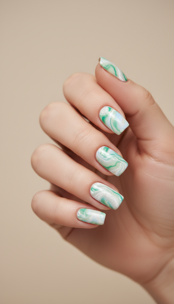 2. Marbled Sea Foam Swirl Nails