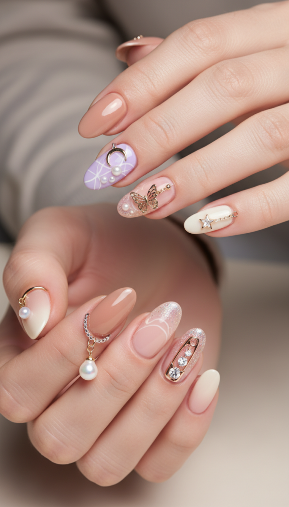 16. Mismatched Pierced Nails With Different Jewelry Themes