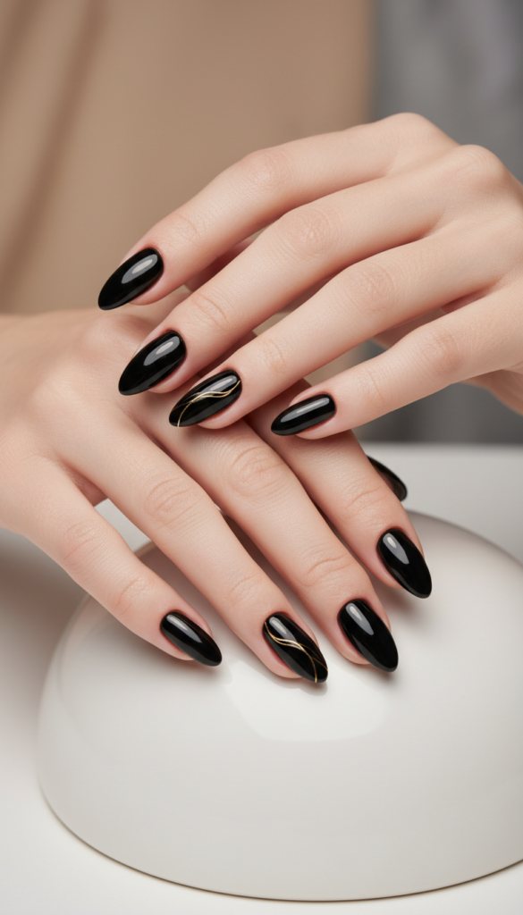 6. Black Almond Nails With Minimal Gold Line Details
