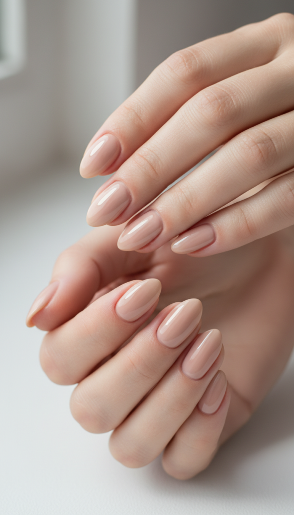 7. Short Almond Nails With Nude Gloss and Natural Definition
