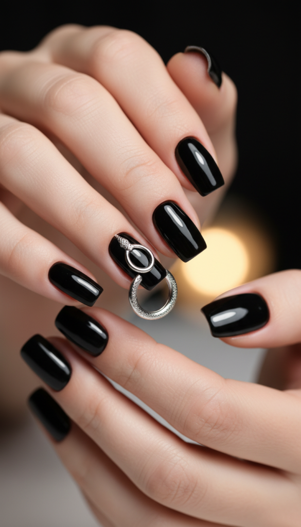 2. Short Black Pierced Nails With Silver Hardware