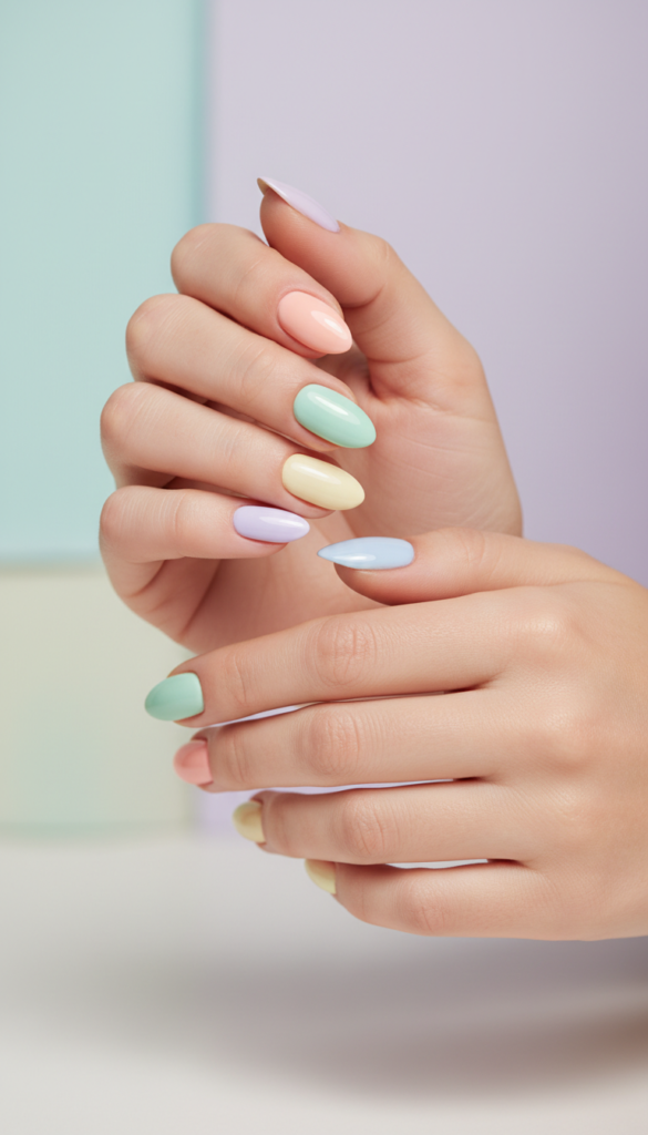 10. Pastel Rainbow Almond Nails With Soft Summer Colors