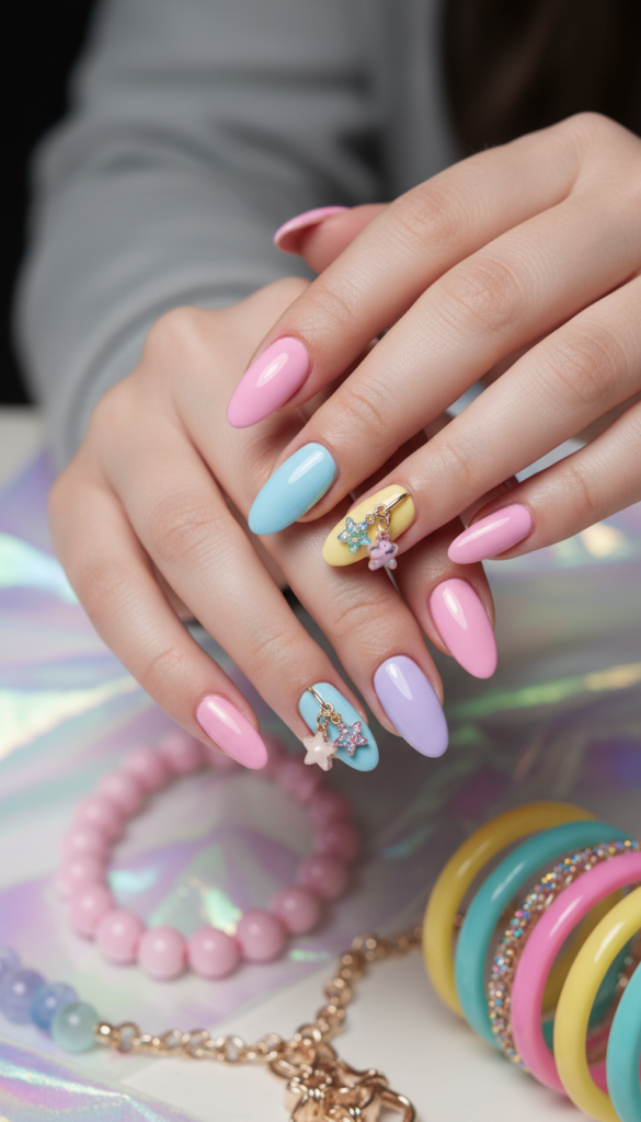 5. 90s Inspired Pierced Nails With Colorful Hanging Rings