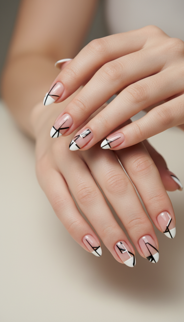 12. Negative Space Almond Nails With Modern Graphic Lines