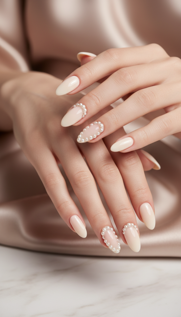 13. Pearl Embellished Almond Nails With Soft Bridal Elegance