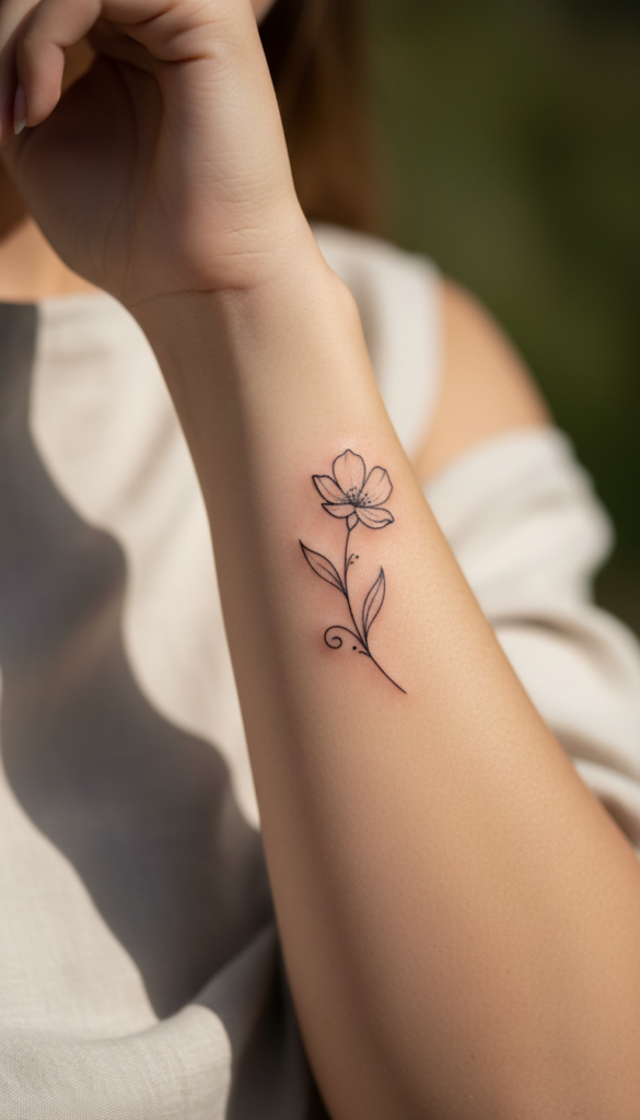 2. Tiny Floral Outline Tattoo With Soft Botanical Shapes