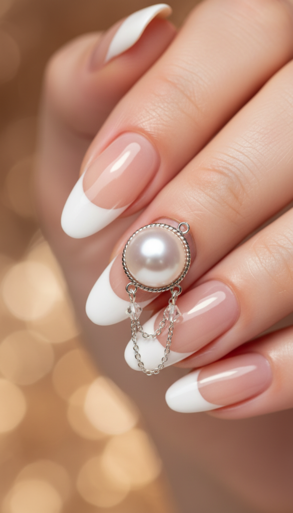 3. French Tip Piercing Nails With Tiny Charms