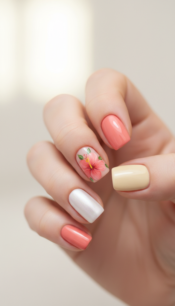 4. Simple Tropical Nail Design: Hand-Painted Hibiscus Accent