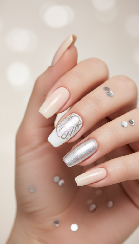 7. Chrome Seashell Accent Nails