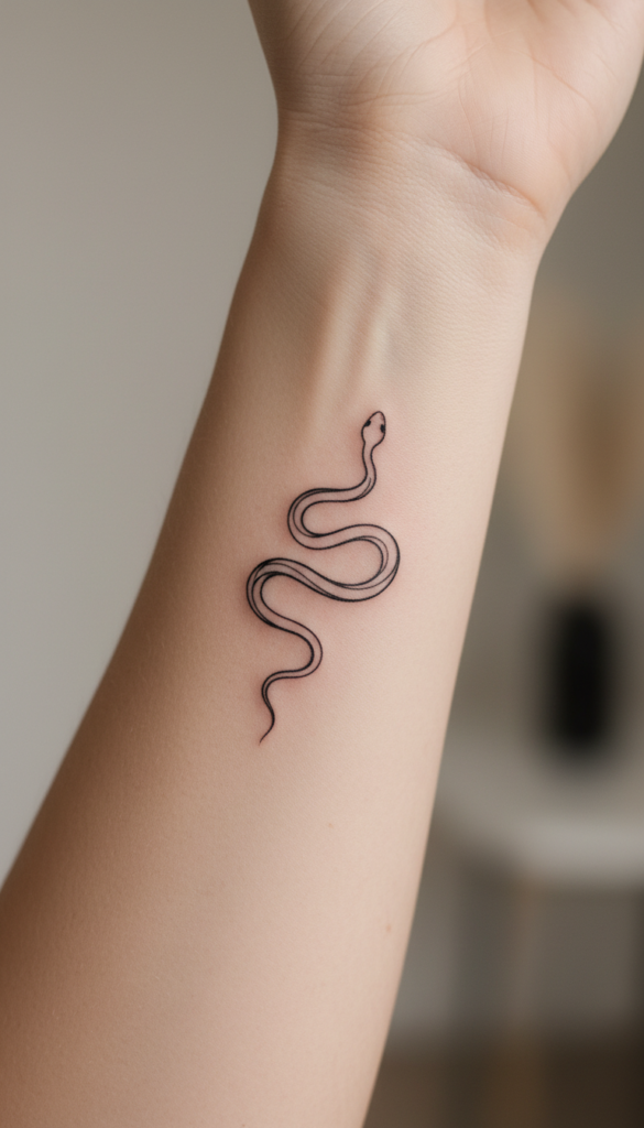 6. Delicate Snake Tattoo With Minimal Curved Lines