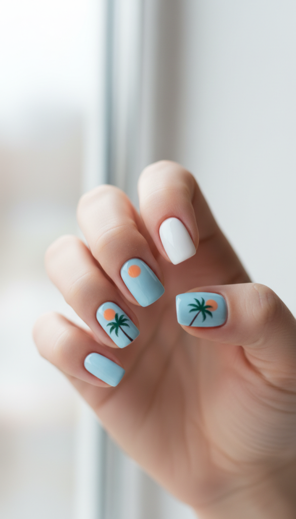 8. Tiny Palm Tree Silhouette Nails