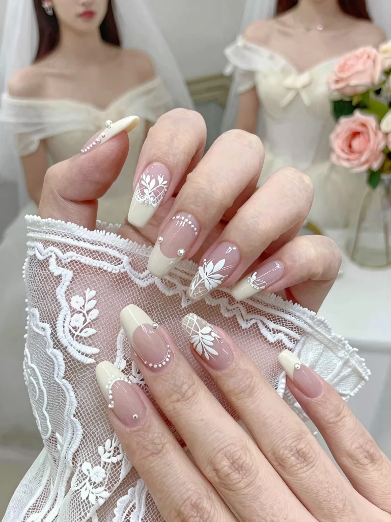 7. Wedding Nails for Bride With Delicate White Lace Art