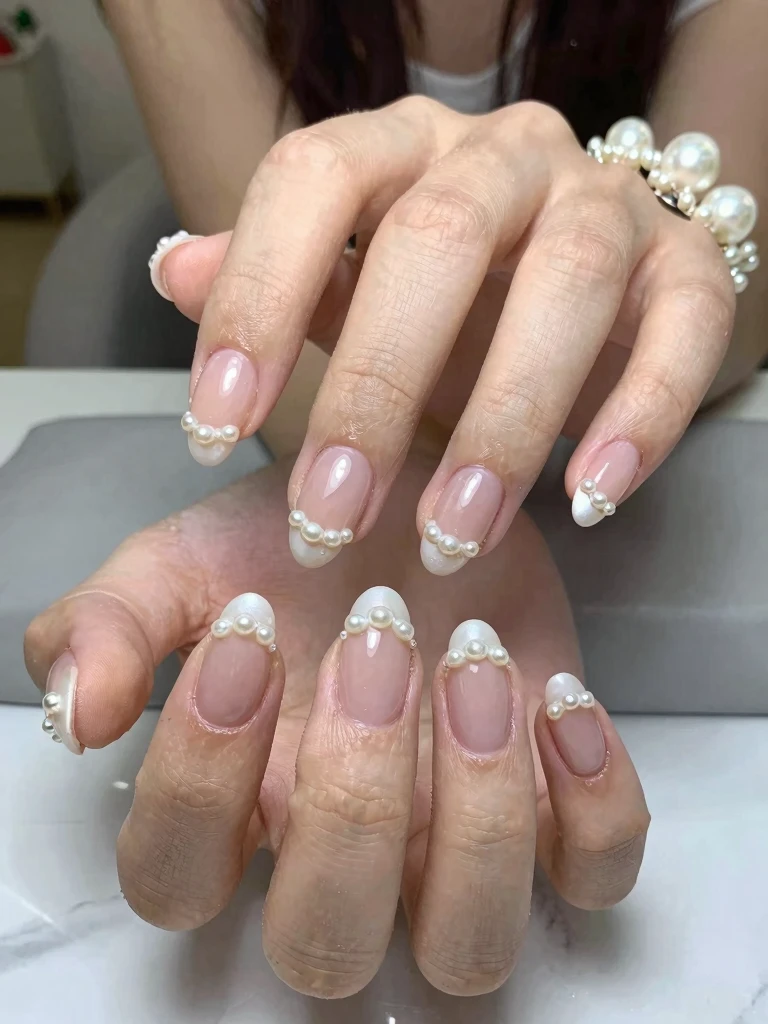13. Wedding Nails French With Reverse Pearl Half-Moons