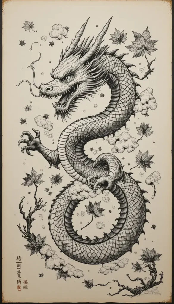 5. Japanese Dragon With Wind Bars and Maple Leaves for Men