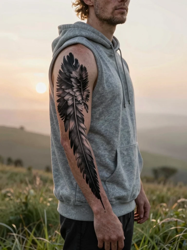 15. Feather Wing Forearm Tattoo Men in Black and Gray