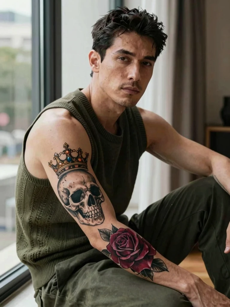 1. Crowned Skull and Rose Forearm Tattoo Men Design