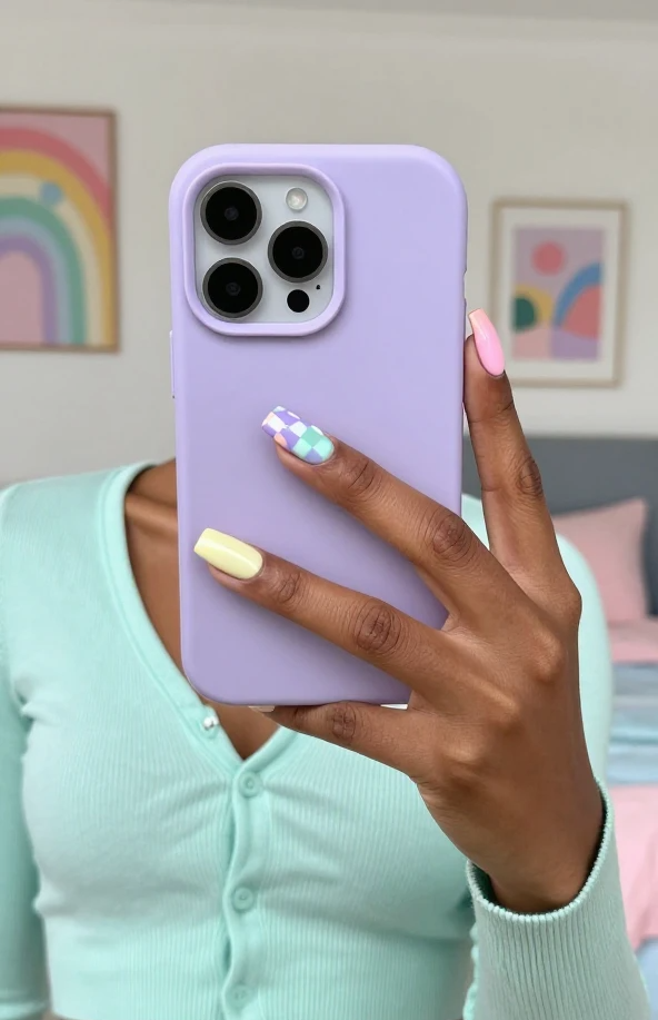 15. Pastel Checkerboard Nails With Soft Geometric Blocks