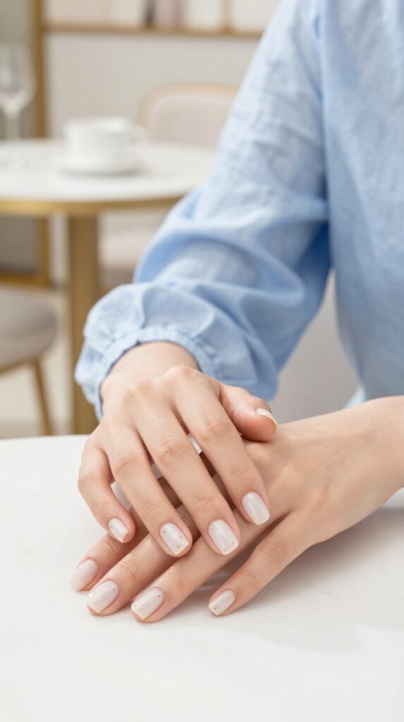 2. Milky White Cloud Nails With Gold Dots