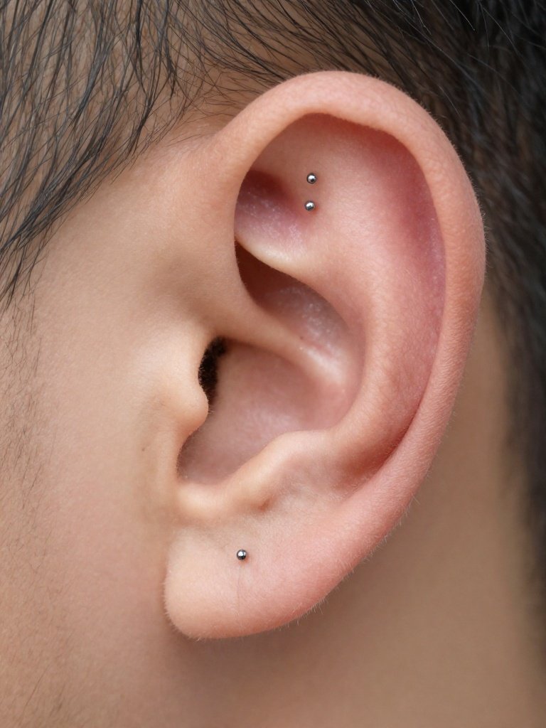 Double Ear Piercing Men With A Vertical Upper-Lobe Stack