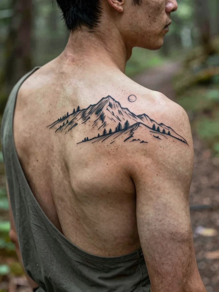 8.  Shoulder Tattoo Men Ideas Shoulder Blade With Mountain Linework