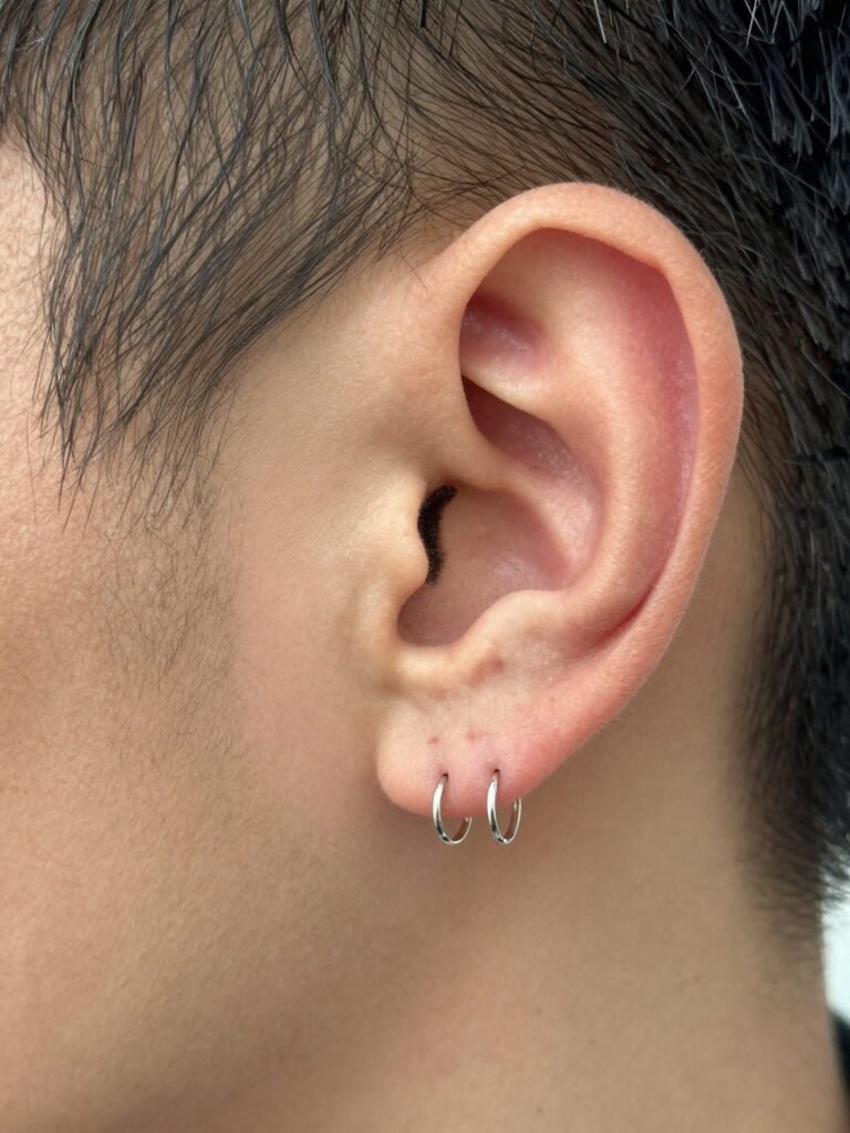 Double Ear Piercing Men With Matching Silver Micro Hoops