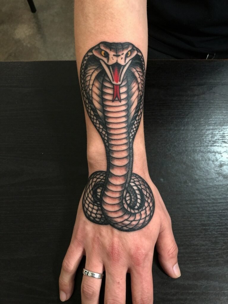 Traditional Cobra Snake Hand Tattoo for Men