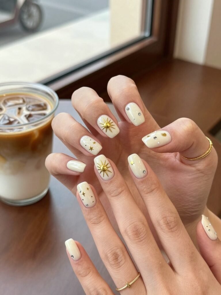 Celestial Lollapalooza Nails With Golden Sunbursts